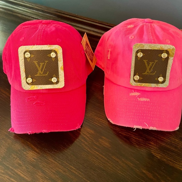 Neon Pink Distressed Hat with Luxury Brand Patch - Picture 6 of 6